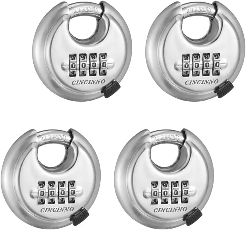 

4-Digit Combination Disc Padlock, Hardened Steel Shackle for Sheds, Lockers, Storage Units, Gym Fences (4 Pack)