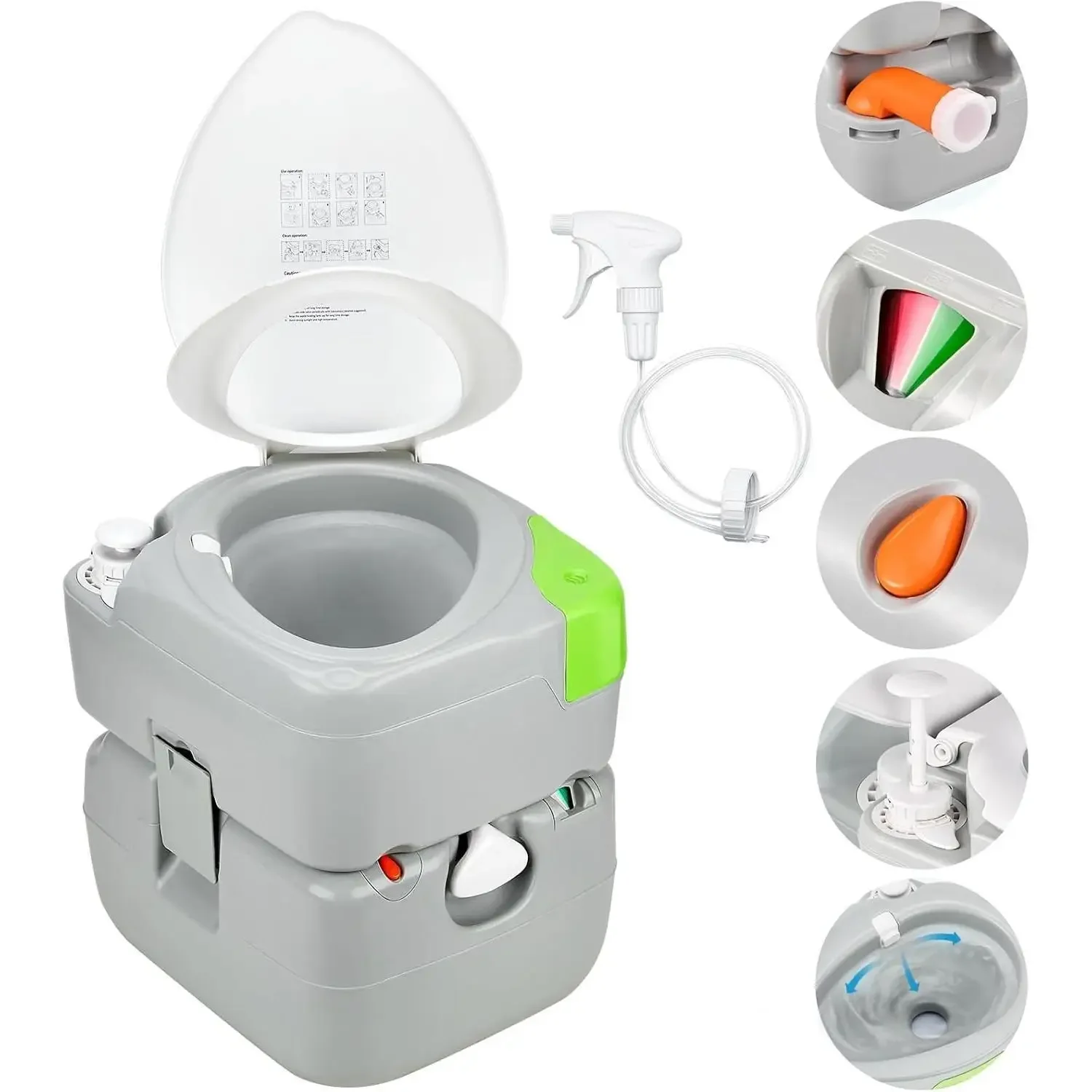 W_5.8 Gal Camping Toilet: Portable Toilet for Adults with Diagonal Elongated Bowl Seat, Large Waste Tank,