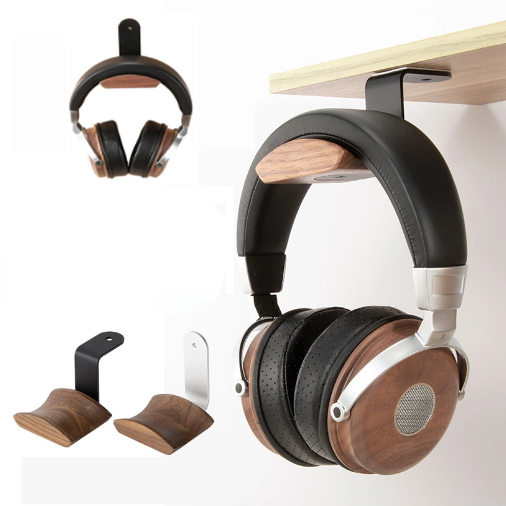 Walnut Wood Headphone Stand Desktop Gaming Headphone Bracket Holder Mount Solid Wooden Earphone Rack Hanger Aluminum Alloy Clip