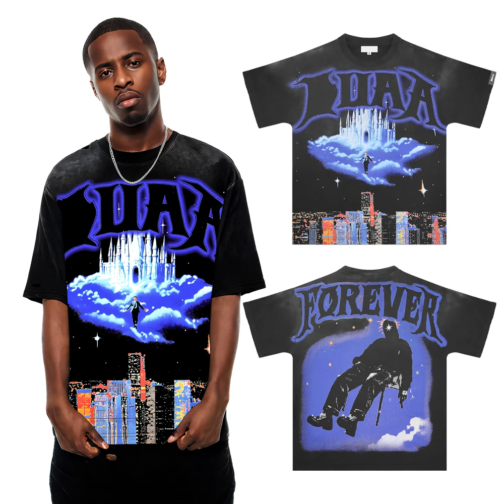 Vintage Streetwear Y2k Fantasy Graphic T Shirts with Rhinestones Hip Hop Street Style Cotton Distressed Casual Short Sleeve Tees