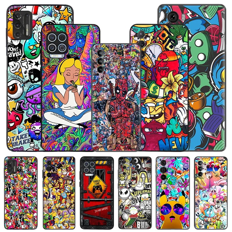 Soft Phone Cases For Motorola G53 G73 G9 G50 G51 G60 G71 G22 G32 G52 G72 Edge40 20 30 Cartoon Graffiti Sticker Black Matte Cover