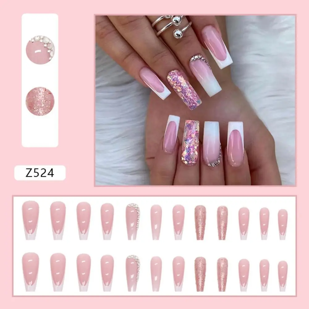 24 Stuks Manicure Nagel Tips Roze Pailletten Glitter Volledige Cover Lange Franse Nep Nagels Ballerina