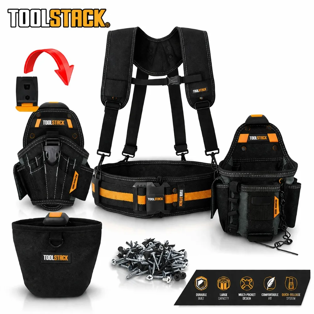 

TOOLSTACK 5PCS Tool Belt Set with Suspenders, Multi-Pocket Tool Pouch, Heavy Duty Waist Belt, Carpenter Utility Kit for Work&DIY