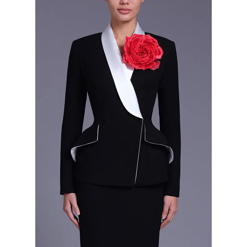 Women's new button lapel flower brooch decorative top shoulder pads waist cinching wave hem fishbone support suit jacket