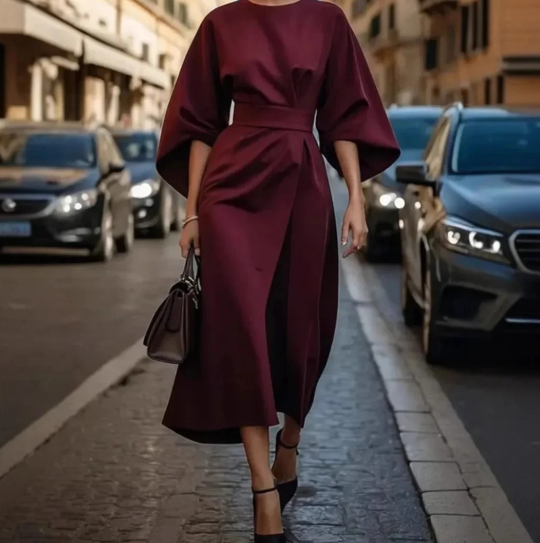 

2026 Новое женское платье с длинным рукавом, элегантное платье с рукавами «летучая мышь» и поясом, однотонное платье макси, повседневная мода, зарубежный стиль