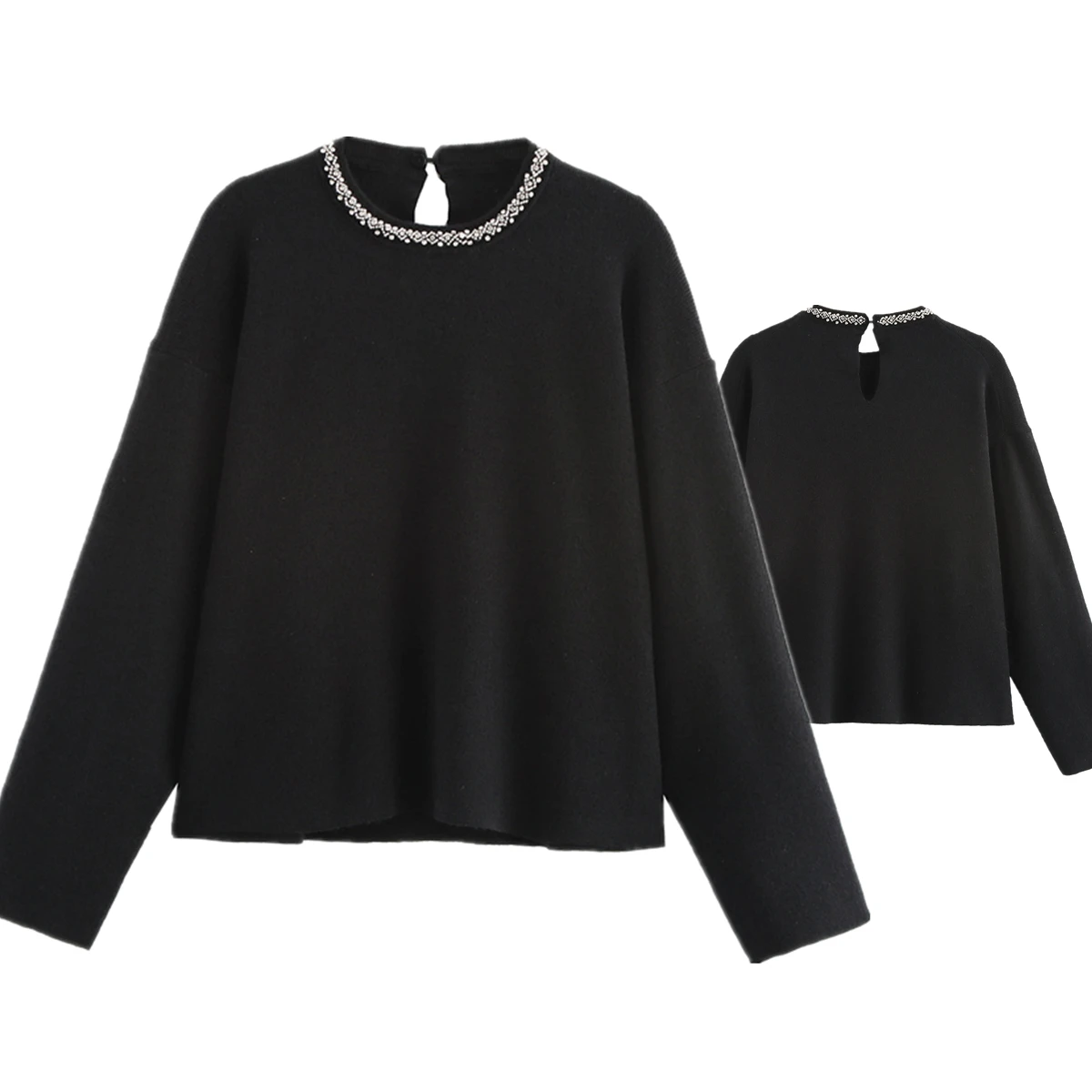 

Jenny&Dave Minimalist Beading Decorated Round Neck Pullover Sweater Black Elegant Casual Pullover Sweater Women Knitwear
