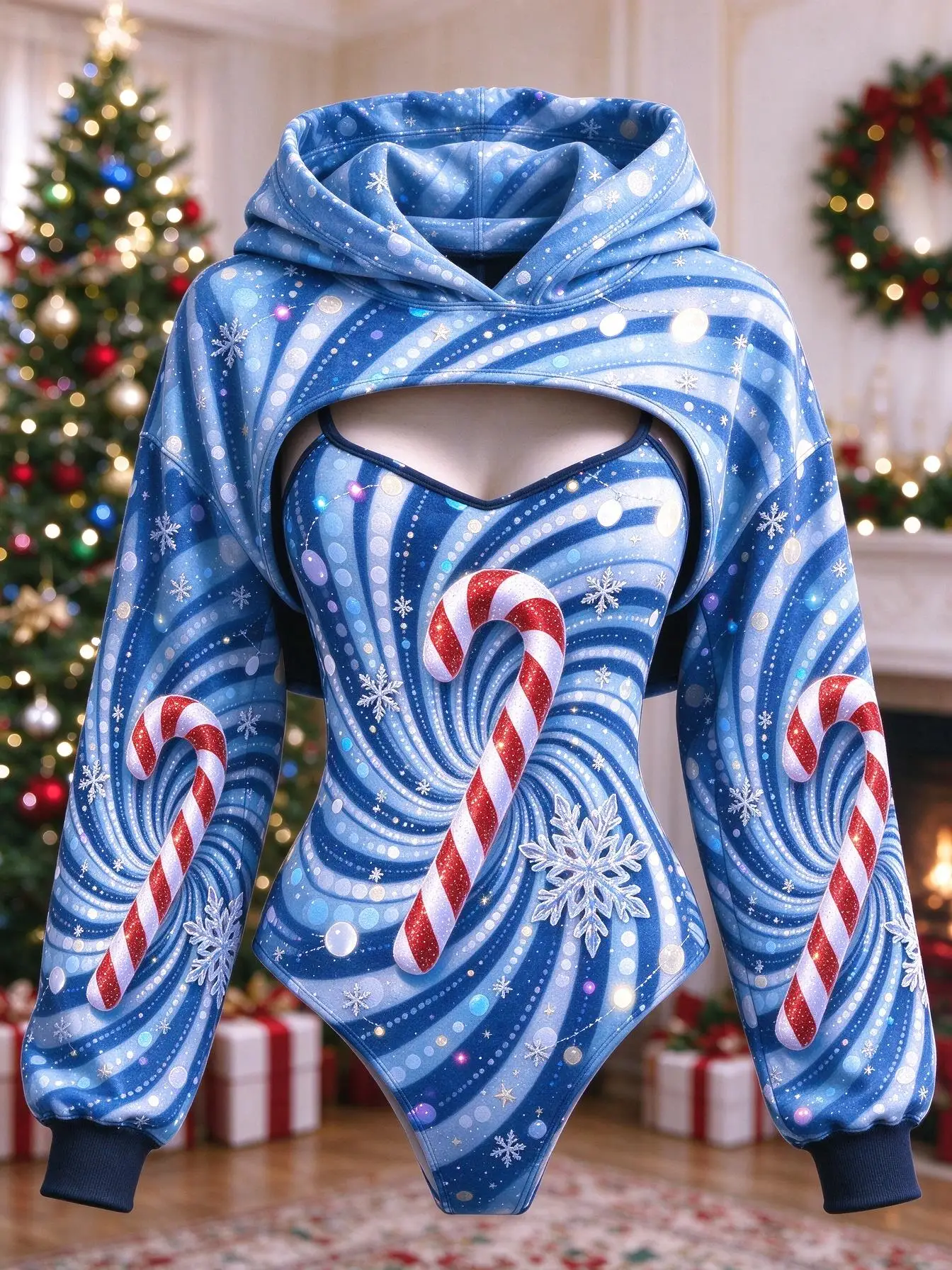 Christmas Women 2 Piece Set Red Black Vortex Candy Cane Snowflake Print Bodysuit & Hooded Shrug Xmas Party Outfit