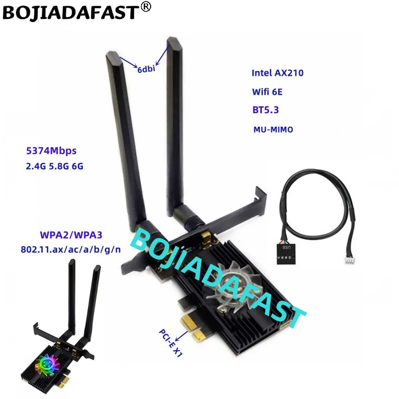 5374Mbps 2.4Ghz 5.8Ghz 6Ghz Wifi Adapter Wireless PCI-E Network Card Heatsink WIth RGB Fan AX210 802.11ax BT5.3 WI-FI 6E MU-MIMO 