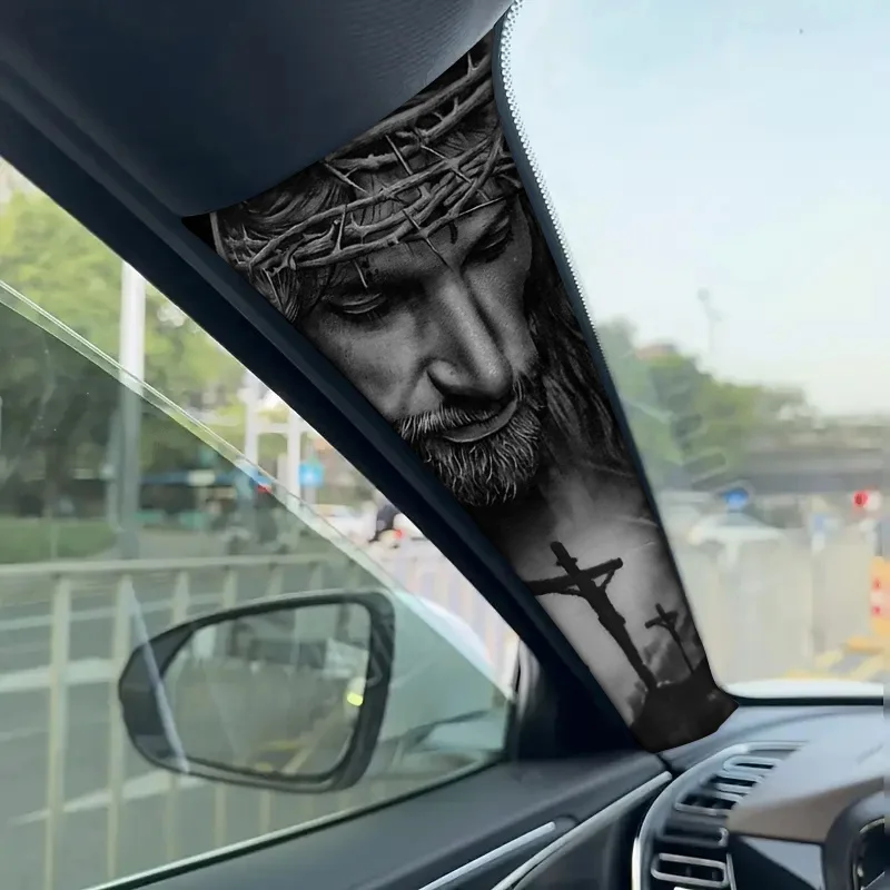 2-Piece Self-Adhesive Car Pillar Stickers - Jesus Crucifixion Theme Cross Design, Durable Polyester Material,