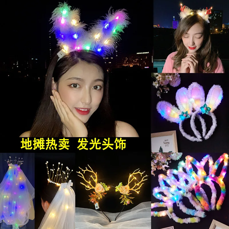 Luminous Rabbit Ears Christmas Hairband Women Girl Cute Lights Hair Clip Children\'s Festival Headwear Halloween Hair Accessories