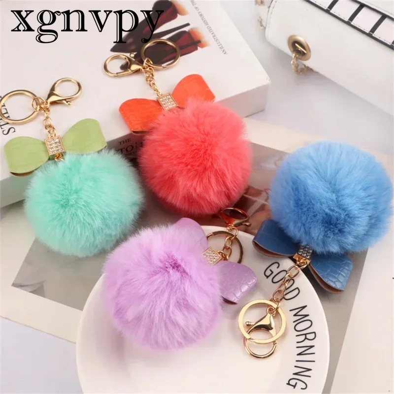 xgnvpy Korean version of the new fashion solid color imitation otter rabbit bow hairball keychain creative gift bag pendant