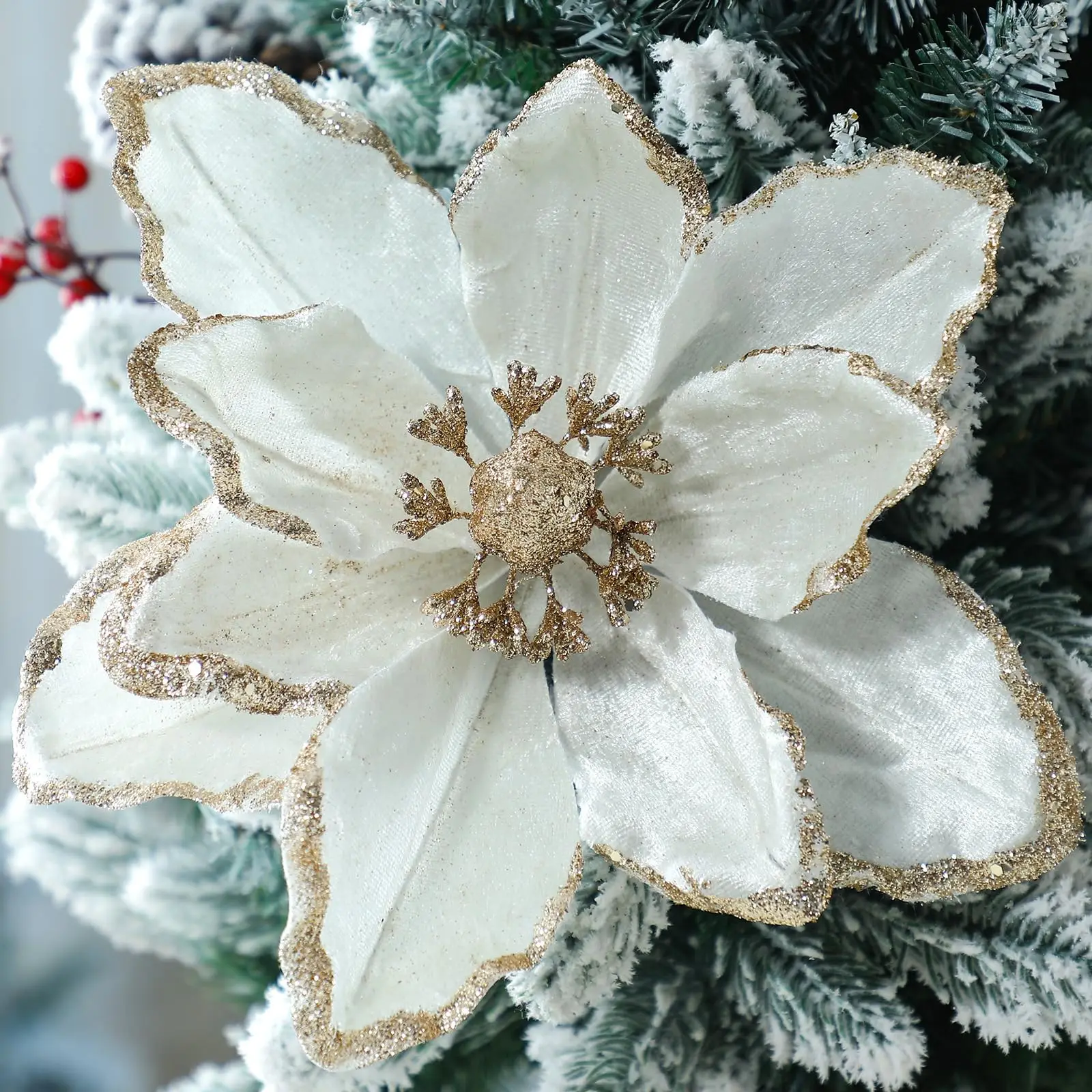 

Christmas Glitter Flowers Magnolia Artificial Poinsettia Flower Velvet for Xmas Wedding DIY Crafts Wreath Party Floral Decor