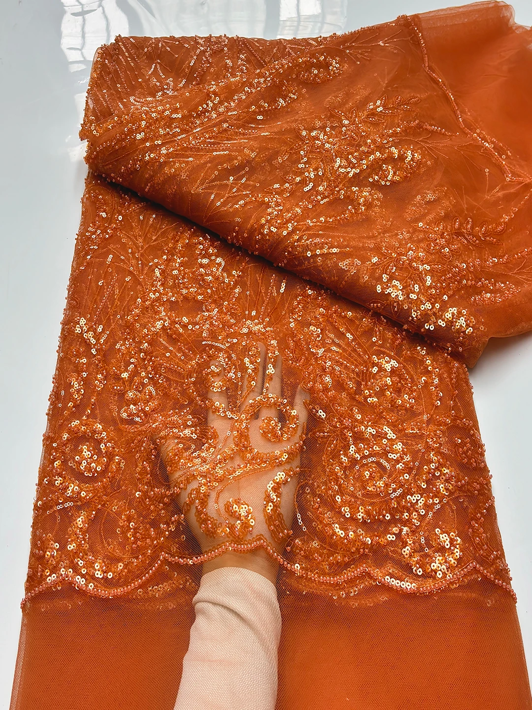 Burnt Orange African Handmade Heavy Sequins Tulle Lace Fabric French Luxury Beads Lace Fabric For Bridal Wedding Party Dress Sew