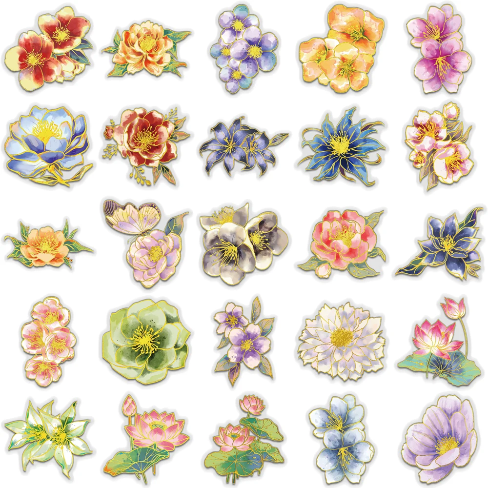 50PCS Creative Elegant Floral Hot Stamped PET Transparent Material Stickers DIY Decorative Phone Case Personalized Stickers