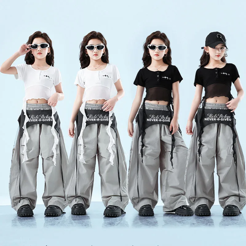 

Kid Kpop Hip Hop Clothing White Black Strap Crop Top T Shirt Gray Belt Wide Leg Parachute Pants for Girl Dance Costumes Clothes