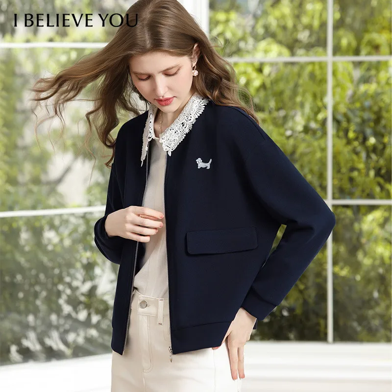 I BELIEVE YOU Navy Blue dog Embroidery Short Jacket 2026 Autumn Elegant Casual Baseball Coat love Zip Up Outerwear 2263186540