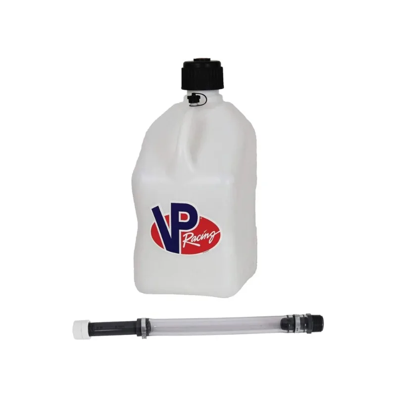 

VP Racing 3522-CA 5.5-Gallon Square Motorsport Jug, White w/14 Inch Deluxe Filter Hose Close -Trimmed Cap and Neck