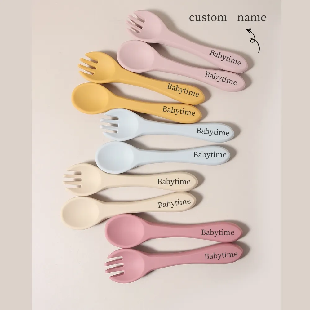 Custom Name 1 Pair Silicone Spoon and Fork Food Grade Silicone Baby Feeding Utensils