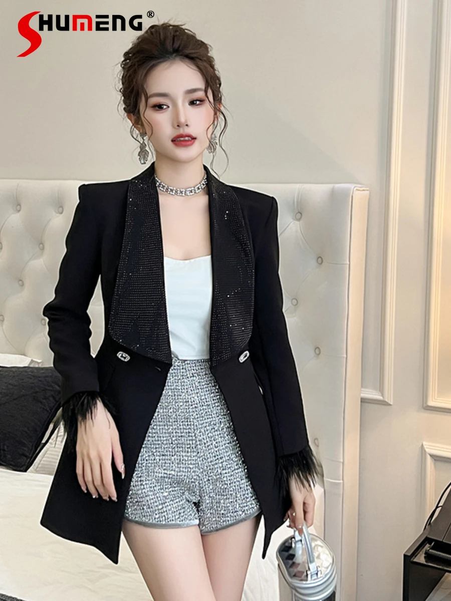 2023 Autumn Winter New Women's Clothes Heavy Embroidery Hot Drilling Slim Fit Suit Coat Long Sleeve Solid Color Suit Tops