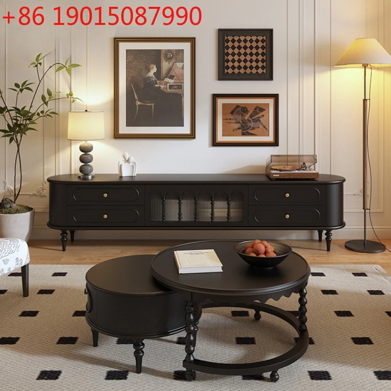 

French retro living room solid wood medium and ancient black high TV cabinet coffee table household American floor cabinet