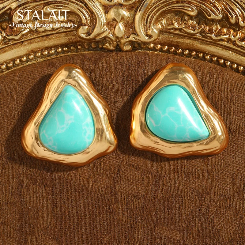 

Vintage Irregular Triangular Turquoise Earrings Gold Color For Woman Valentine Day Gift Luxury Quality Jewelry New 2025 Trend