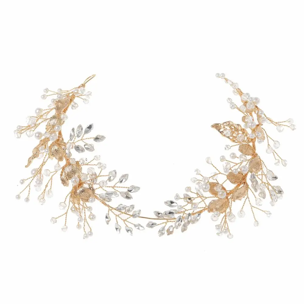 Pearl Crystal Headband Floral Jewelry Rhinestone Wedding Headpieces Gold Alloy Leaf Design Bridal Headpiece Women Bridal