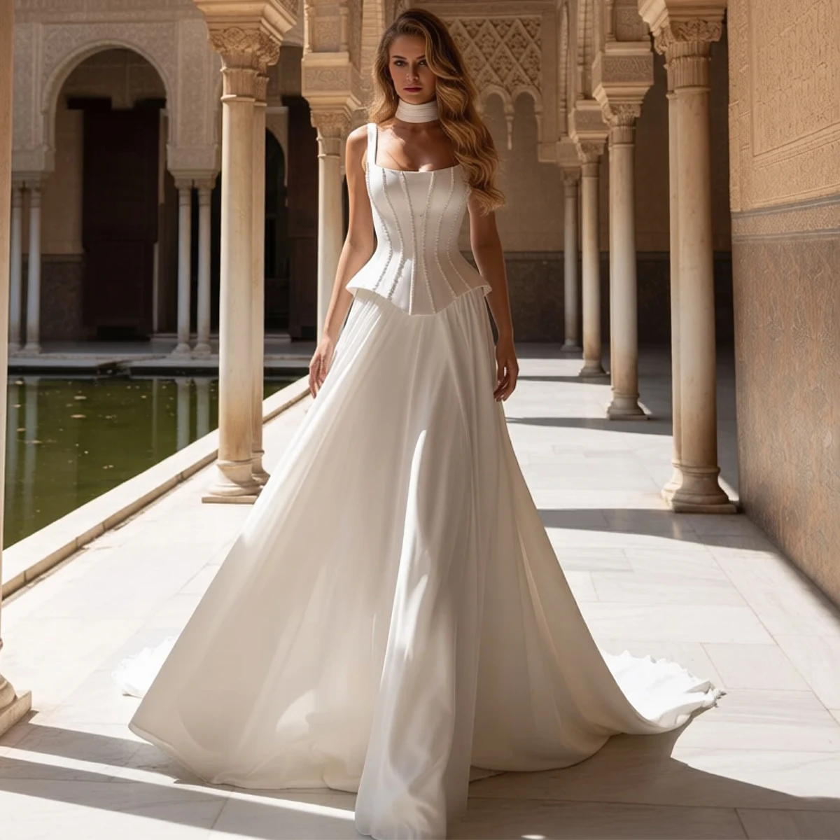 

Luxury Beaded Satin Wedding Dress With Scarf Long Square Collar Ball Gown For Bride A Line Bridal Party Gown Vestidos Novia