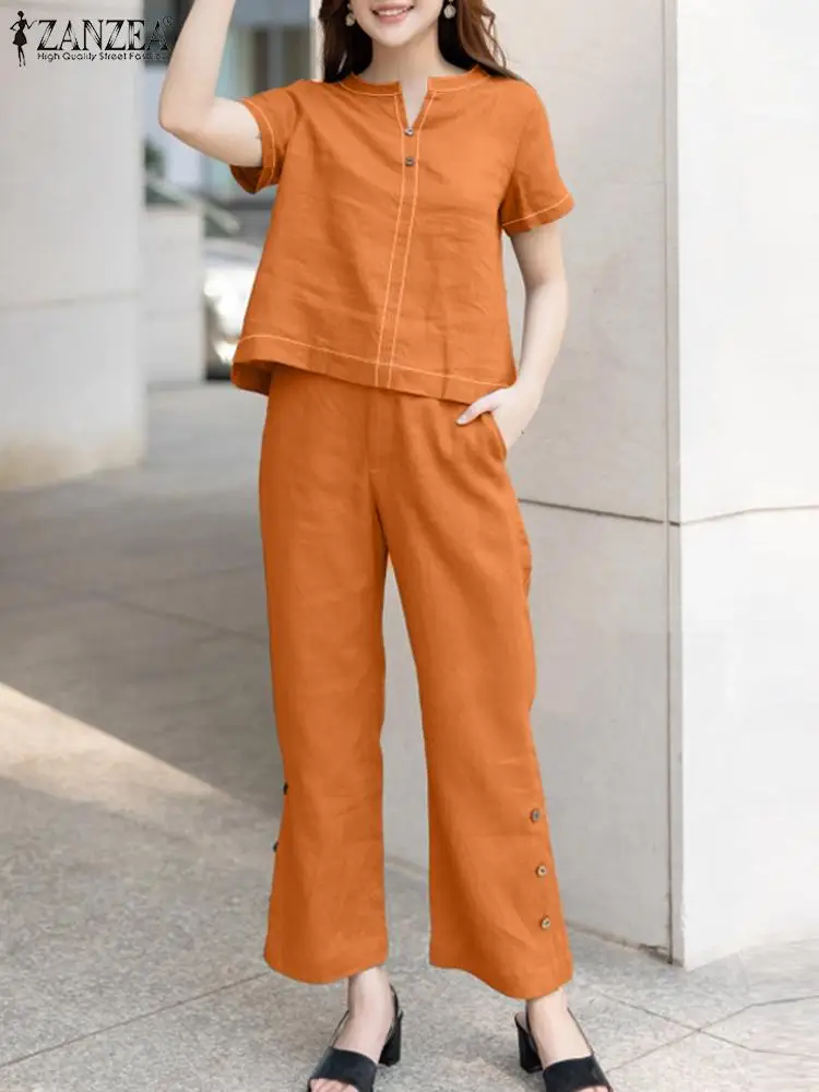 

Summer Elegant OL Work Suits ZANZEA 2PCS Fashion Short Sleeve Tops Pant Sets Women Matching Sets Casual Solid Tracksuit Oversize