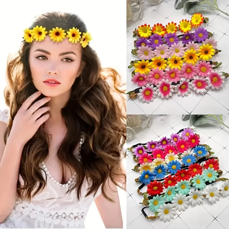 

10pcs of Bohemian Elastic Headbands with Colorful Fabric Flowers Trendy Hair Accessory Perfect for Parties Beach Outings