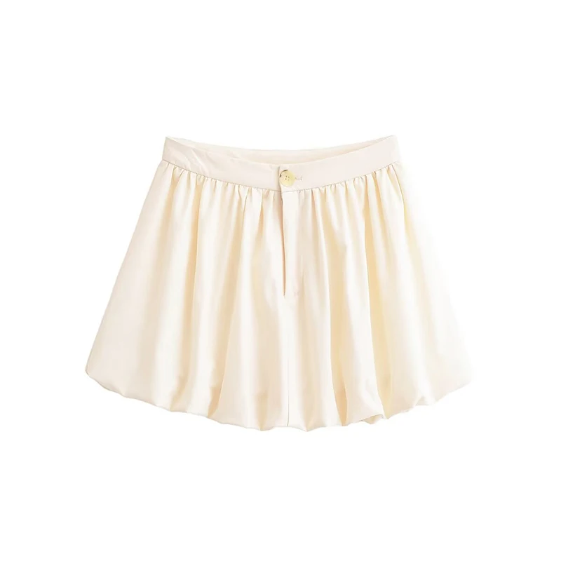 2026 Women's Beige High Waist Flowy  Mini Skirt Button Closure Pleated Ruffle Hem Casual Summer Vacation Skirts