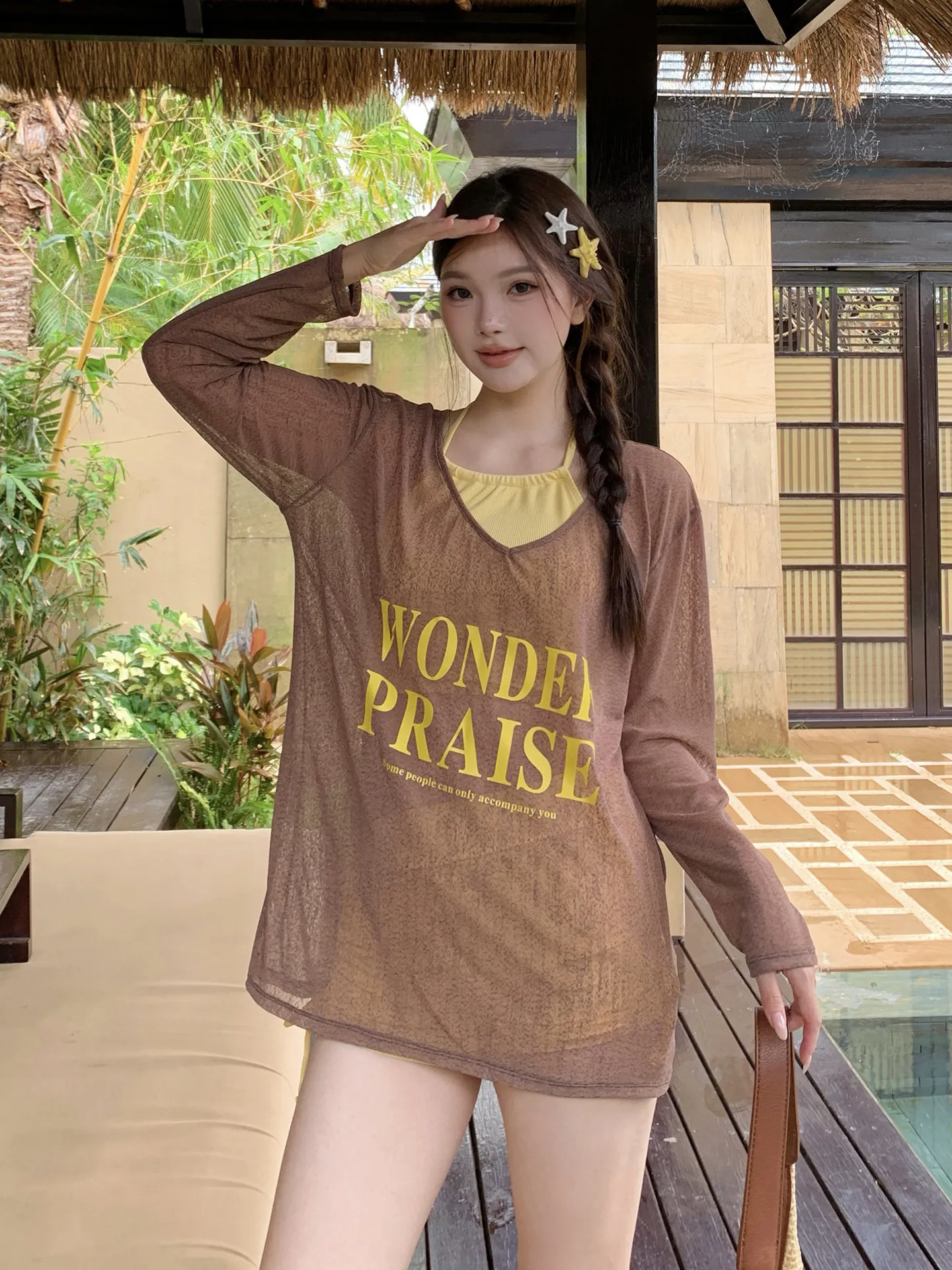 2026 New Plus Size Women's Long Sleeve Swimsuit Three-Piece Set Slimming Belly Covering Fashionable Hot Spring Swimwear