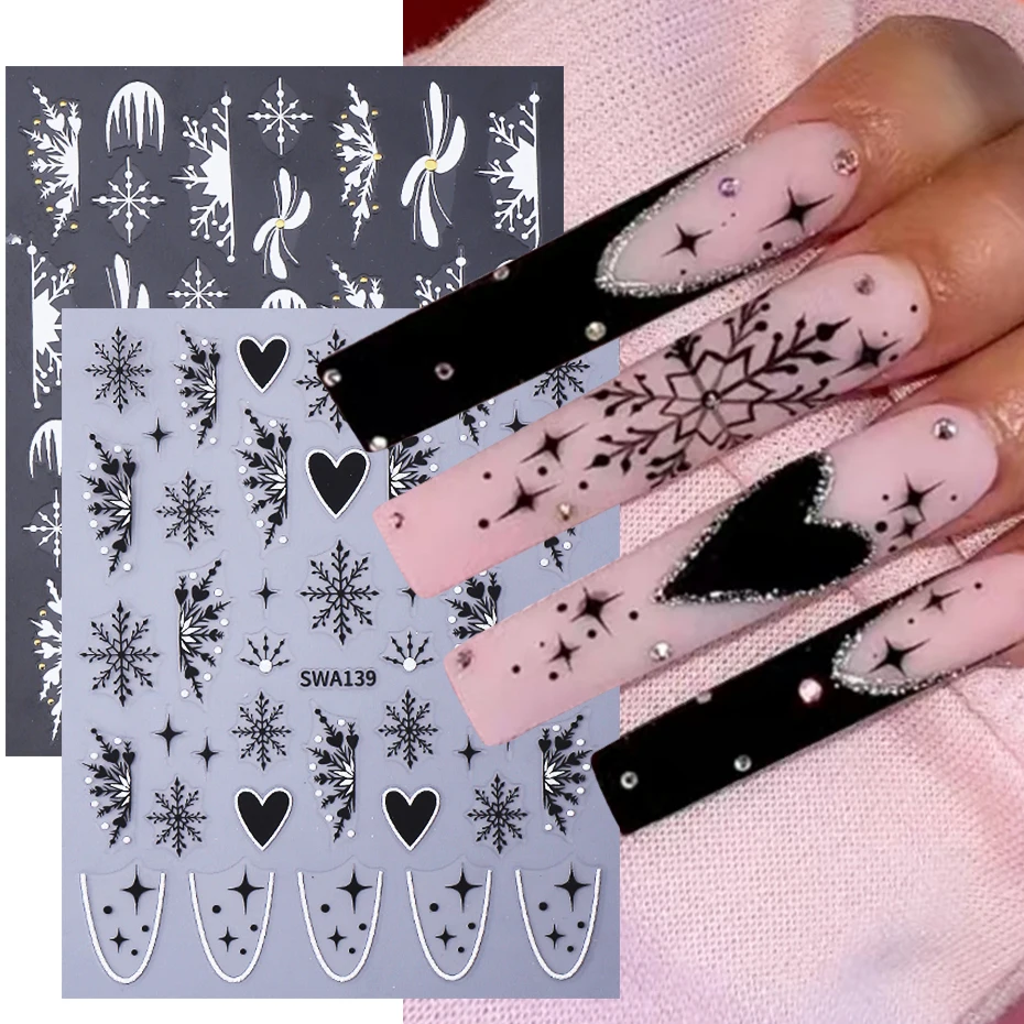 2 stücke Schwarz Weiß Schneeflocke Nagel Aufkleber 3D Liebe Herz Französisch Stern Design Nagel Slider Aufkleber DIY Weihnachten Maniküre Dekoration