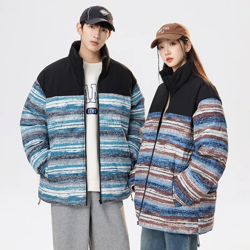 

Colorblock Stand Collar Men's Parkas, Streetwear Mans Thermal Coat, Casual Woman Winter Jacket