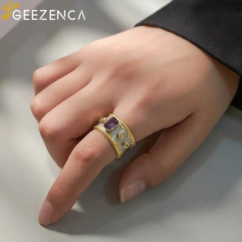 GEEZENCA Natural Amethyst 925 Silver Two Tone Chunky Rings Luxury Cocktail Ring Clearance Limited Stock First Come First Get