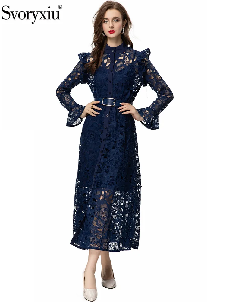 

Svoryxiu Runway Fashion Autumn Dark Blue Vintage Long Dress Women's Stand Collar Hollow Out Embroidery Belt Slim A-Line Dresses