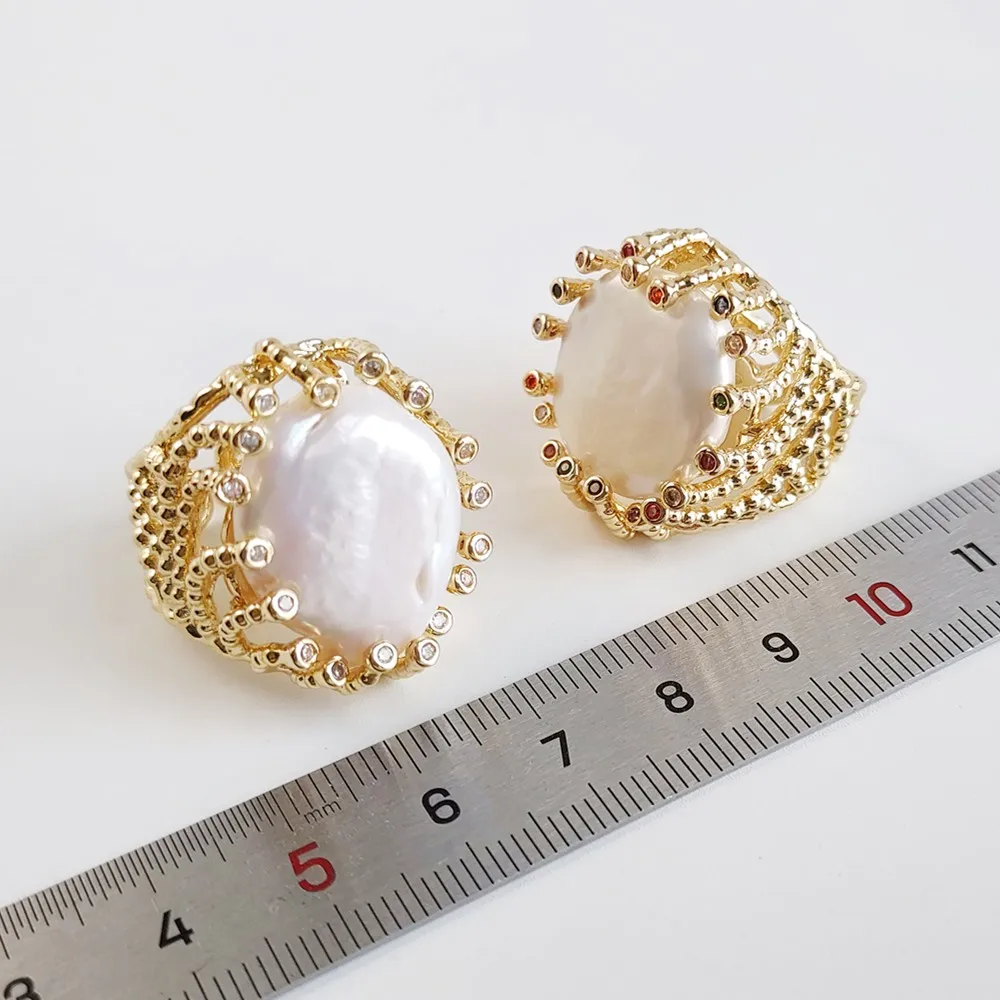 FUWO Jewelry One Piece Natural Fresh Water Pearl Ring,Golden Plated Zircon Bead Charm Adjusbable Rings For Women RG509