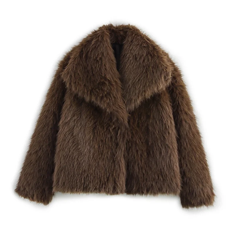 TRAF Vrouwen Winterjassen Cropped Bruin Bont Faux Jassen Voor Vrouw Warme Harige Rode Faux Bontjas Herfst Pluche Korte Pluizige Jas