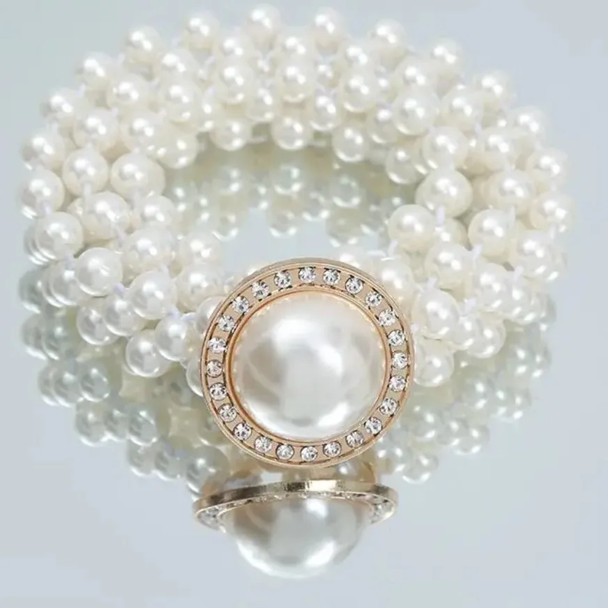 Damen-Gürtel mit Perlen und Strass, modischer Luxus-Gürtel mit Schleife, Dekorativer Elastischer Taillengürtel, Weiße Taillenkette für Kleider
