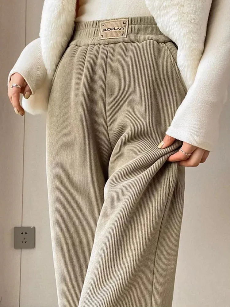 Winter Warm Thicken Lambswool Straight Pants Women Casual Elastic High Waist Fleece lined Wide Leg Pantalones Chic Baggy Calca