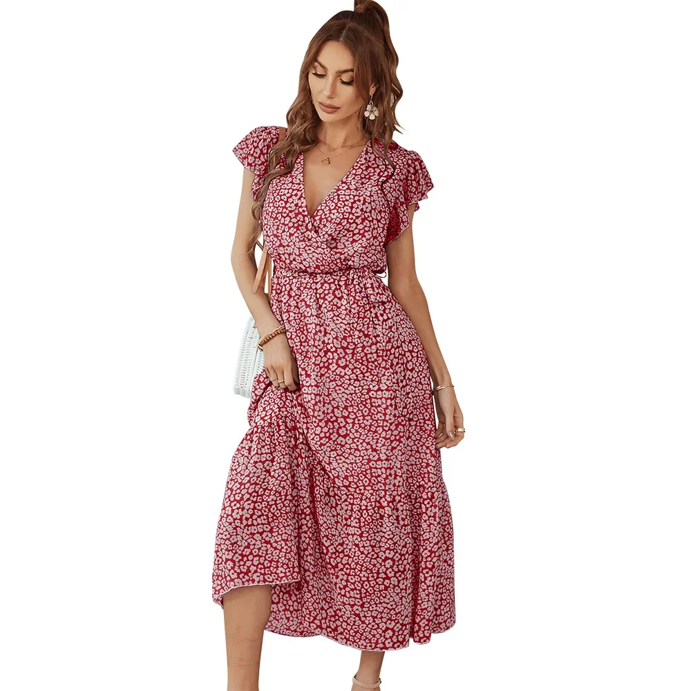 Vestido largo bohemio de manga corta con estampado Floral para mujer, cinturón con cuello en V, Verano