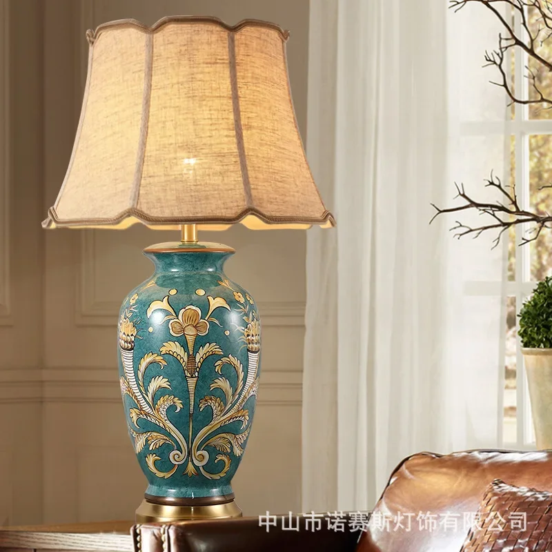 Copper Table Lamp American Style for Living Room Jingdezhen Ceramic Lamp Luxury Bedroom Bedside Decorated LED Lamp