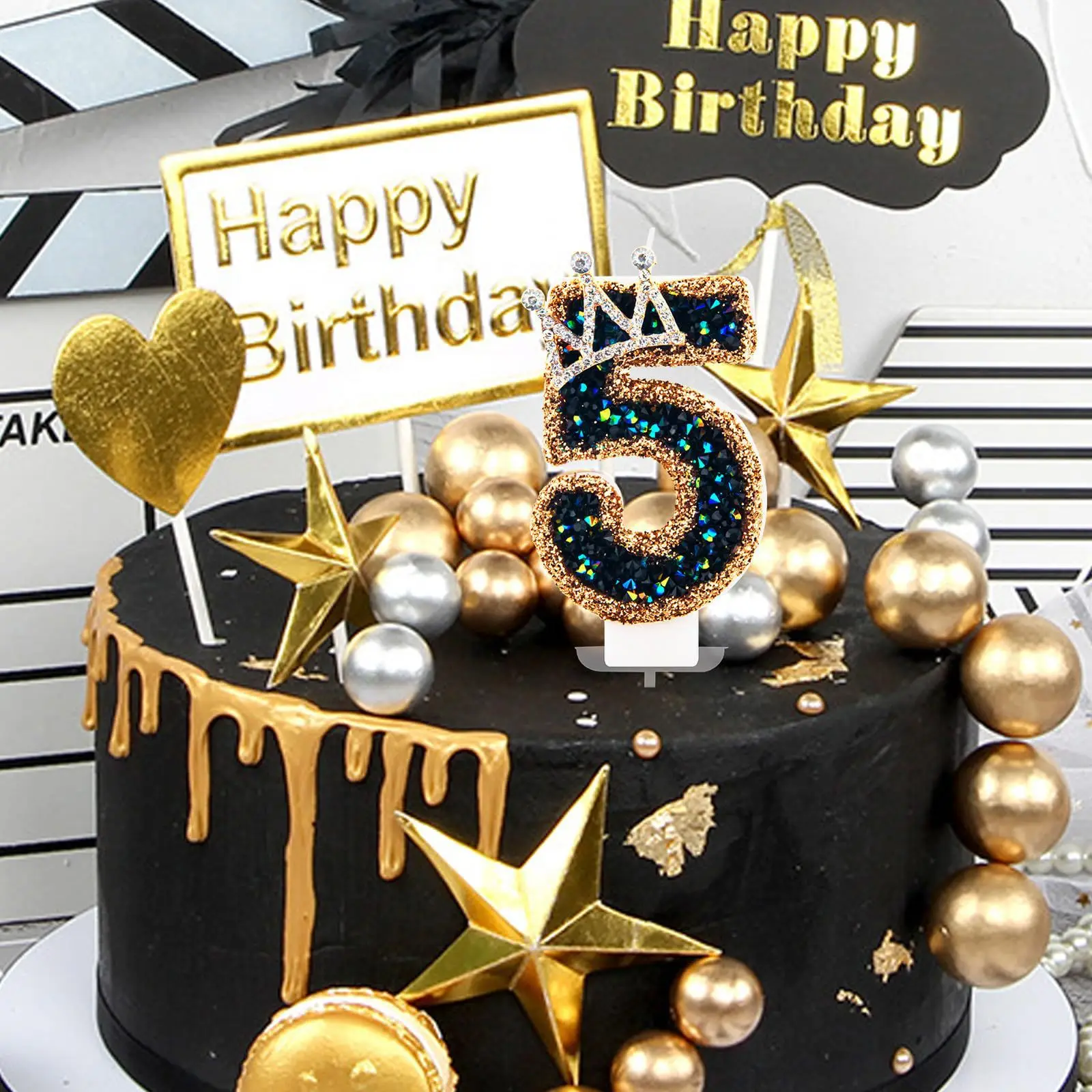 1pc Number 0-9 Birthday Candles Crown Black and Golden Birthday Cakes Large Candle for Wedding Festival Party Decoration