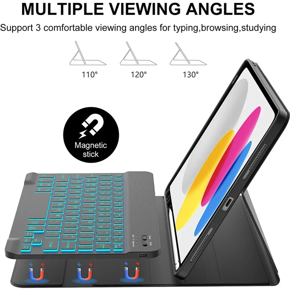 حافظة لوحة مفاتيح لجهاز iPad الجيل العاشر 10.9 بوصة، حافظة لجهاز iPad 11 بوصة A16 2025 مع فتحة قلم ولوحة مفاتيح بإضاءة خلفية