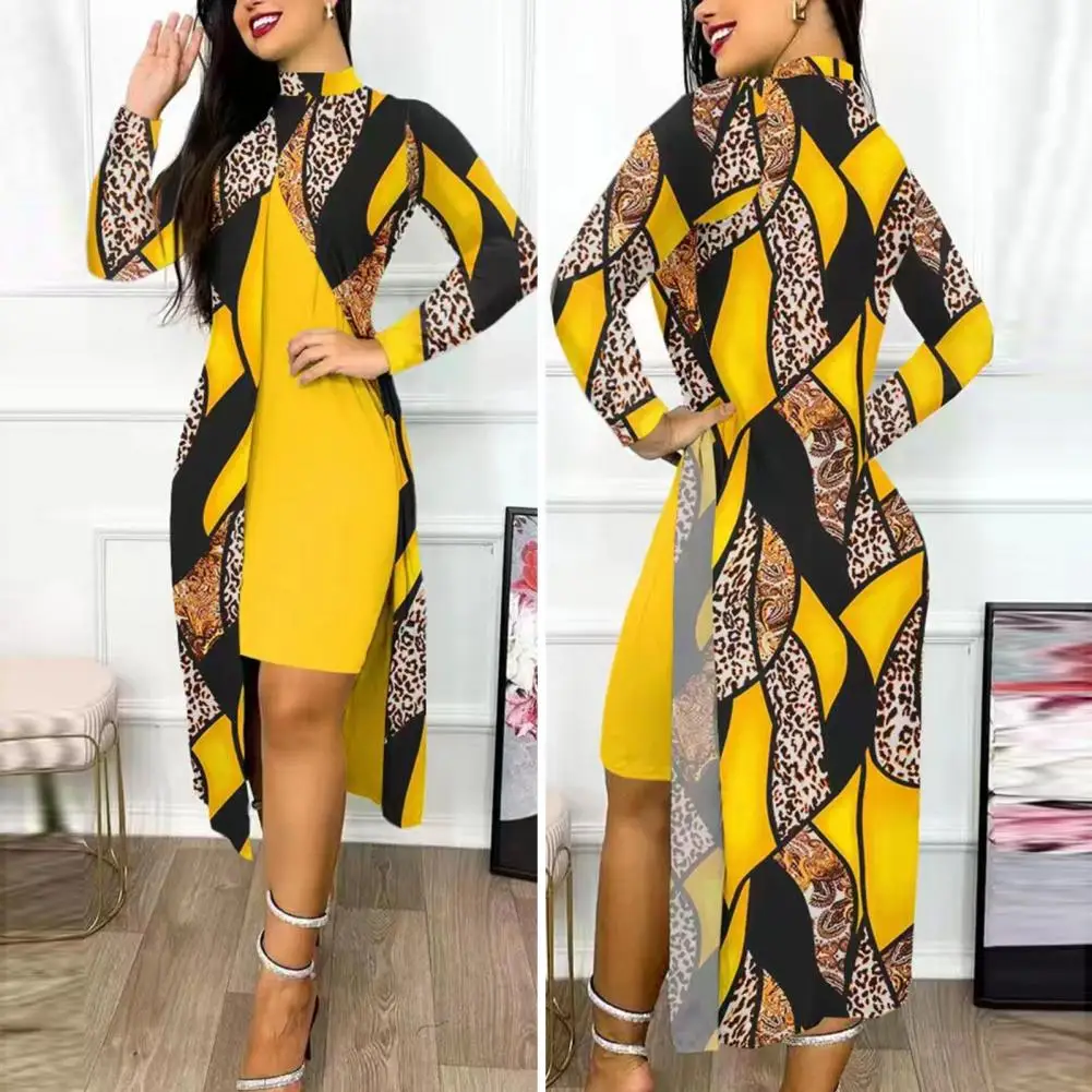 2Pcs/Set Elegant Women Dress Shawl Geometric Print Contrast Color Slim Bodycon Front Split Midi Cover Up Dress Sets