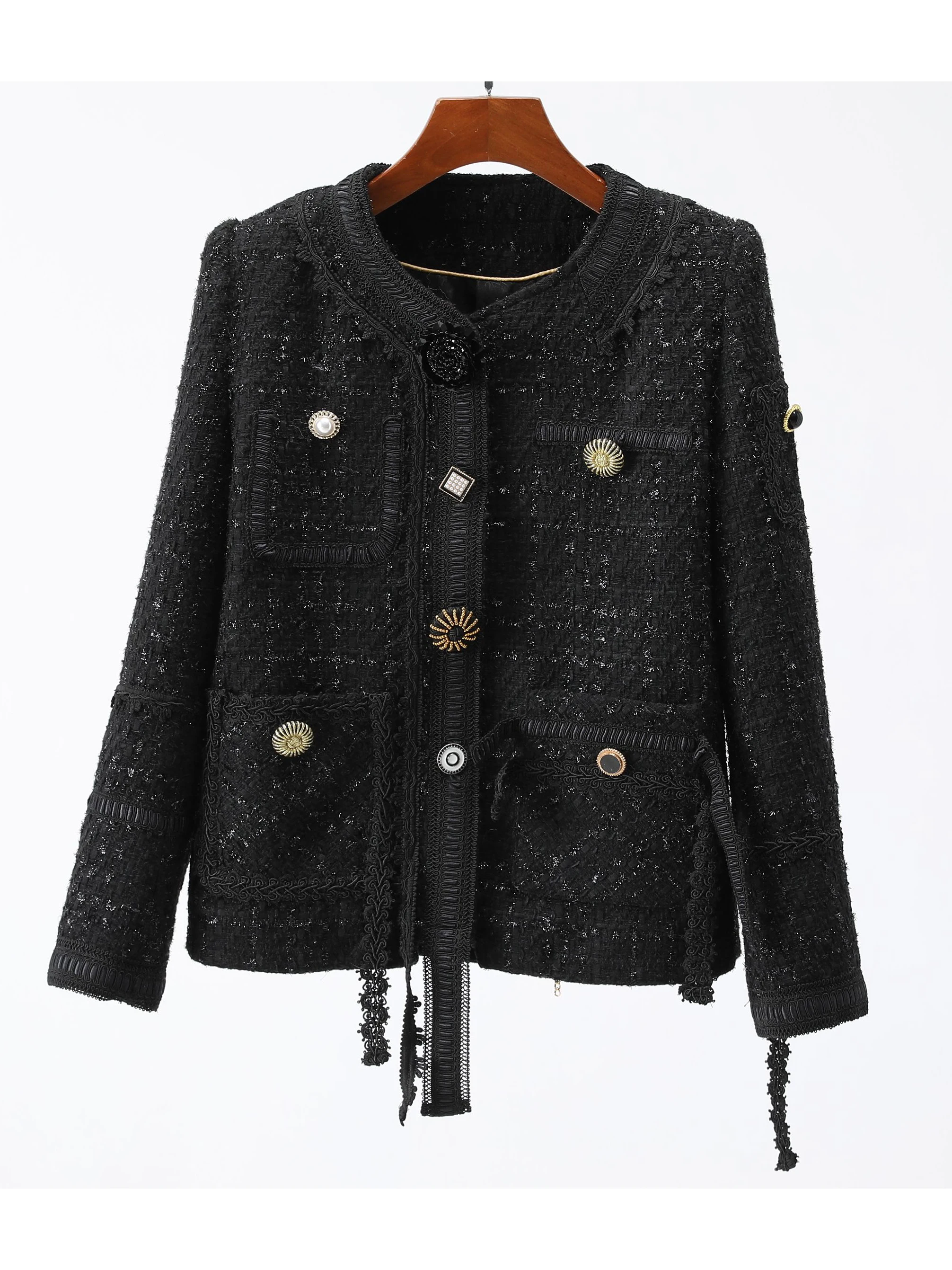 

2025 new fashion, elegant, casual, high-end design black versatile tweed jacket for ladies