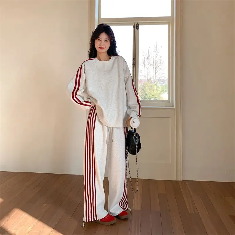 

Large Size 300 Pou Striped Casual Set Men's Autumn Winter New American round Ne Sweatirt Long Pants Two Piece Set