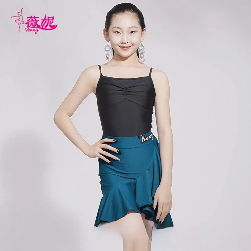 Venny vestido de dança latina para meninas, conjunto de duas peças com alça espaguete e saia com babados para treinamento e performance de dança