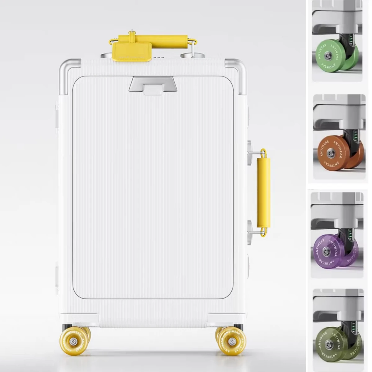 حقيبة فتح أمامية بمقبض واسع حقيبة تروللي بعجلات مع إطار من الألومنيوم عجلة دوارة ملونة قابس شحن USB 20 أمتعة دوارة #1