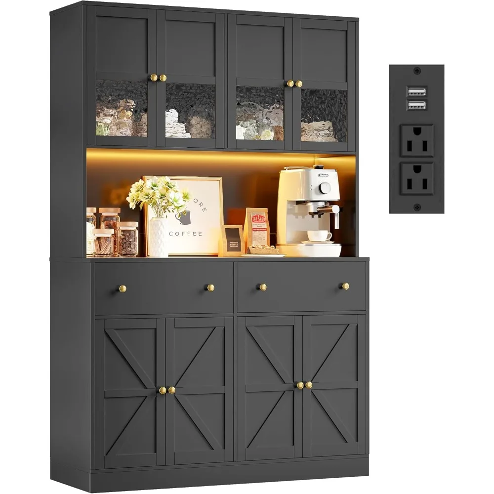 71 Inch Pantry with LED Light and Charging Station, Farmhouse Kitchen Pantry with Microwave Mount, 47.2 Inch Wide Kitchen Pantry
