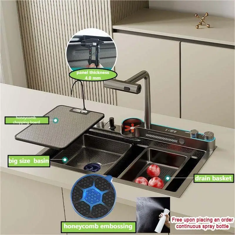 White Big Size Rainfall 304 Stainless Steel Honeycomb Kitchen Sink Household Things Home Digital Display  Waterfall Sink